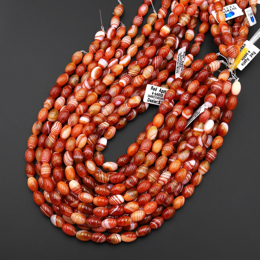AAA Natural Striped Red Agate Barrel Drum Beads 15.5" Strand