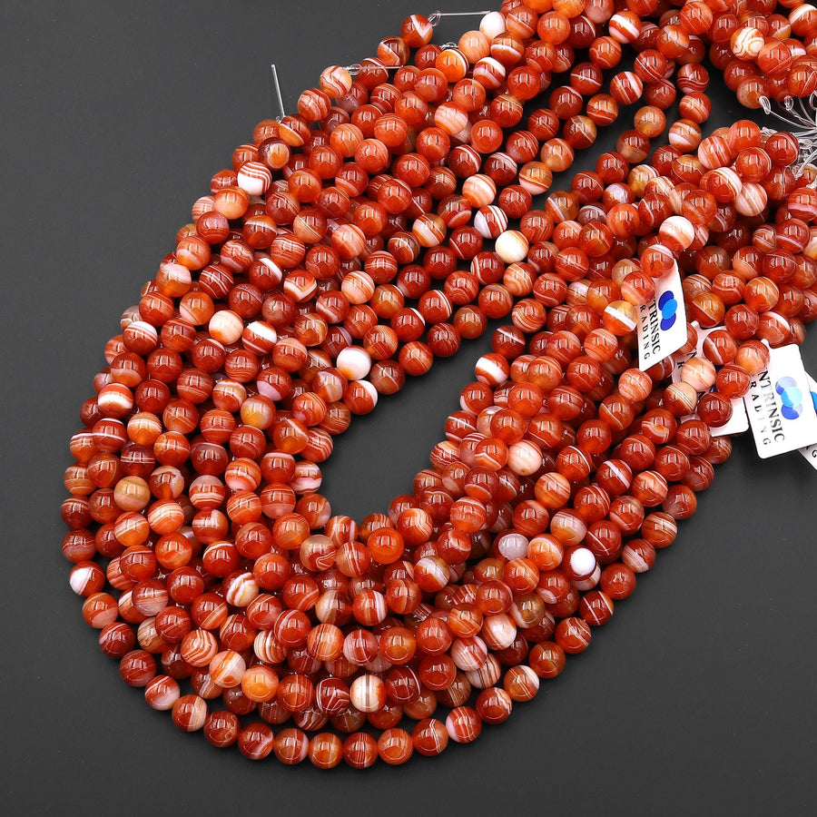 AAA Natural Banded Agate Beads – Orange Red Sardonyx Striped Agate 6mm 8mm 10mm Smooth Round Beads 15.5" Strand