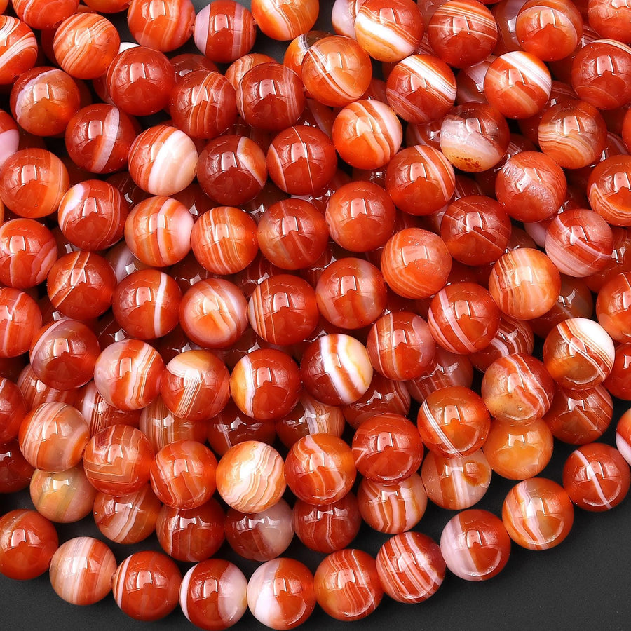 AAA Natural Banded Agate Beads – Orange Red Sardonyx Striped Agate 6mm 8mm 10mm Smooth Round Beads 15.5" Strand