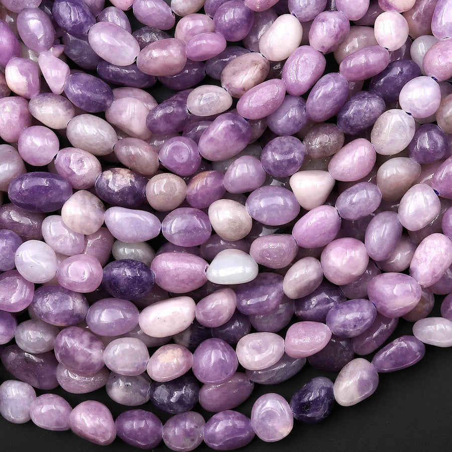 Natural Purple Lepidolite Rounded Oval Pebble Nugget Beads 15.5" Strand