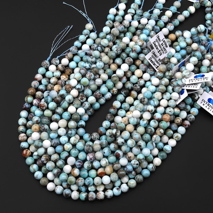 Real Genuine Natural Blue Larimar 6mm 8mm 10mm Round Beads w/ Iron Matrix 15.5" Strand