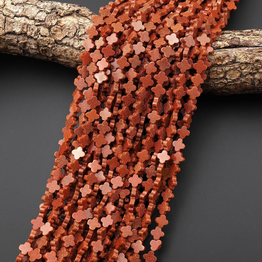 AAA Sparkling Gold Sandstone Aka Goldstone Four 4 Leaf Clover Beads 15" Strand