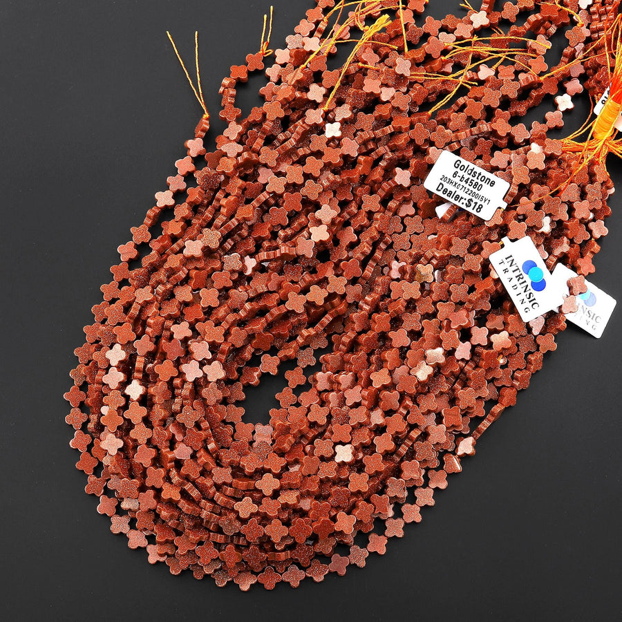 AAA Sparkling Gold Sandstone Aka Goldstone Four 4 Leaf Clover Beads 15" Strand