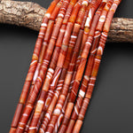 Natural Fiery Orange Red Banded Agate Long Tube Beads 30x8mm 15.5" Strand
