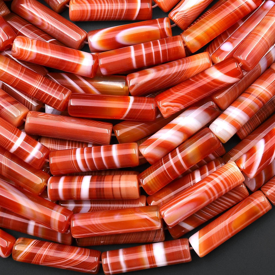 Natural Fiery Orange Red Banded Agate Long Tube Beads 30x8mm 15.5" Strand