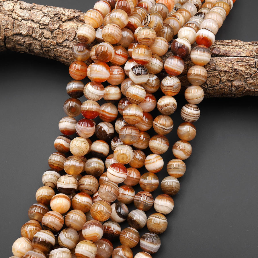 AAA Natural Banded Agate Beads 12mm Round Beads – Earth Tone Brown Caramel Burnt Orange Striped Gemstone 15.5" Strand