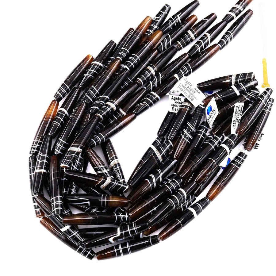 AAA Rare Natural 2 Two Tone Black Dark Caramel Brown Striped Agate Beads Smooth Thin Long 50mm Barrel Drum Cylinder 15.5" Strand