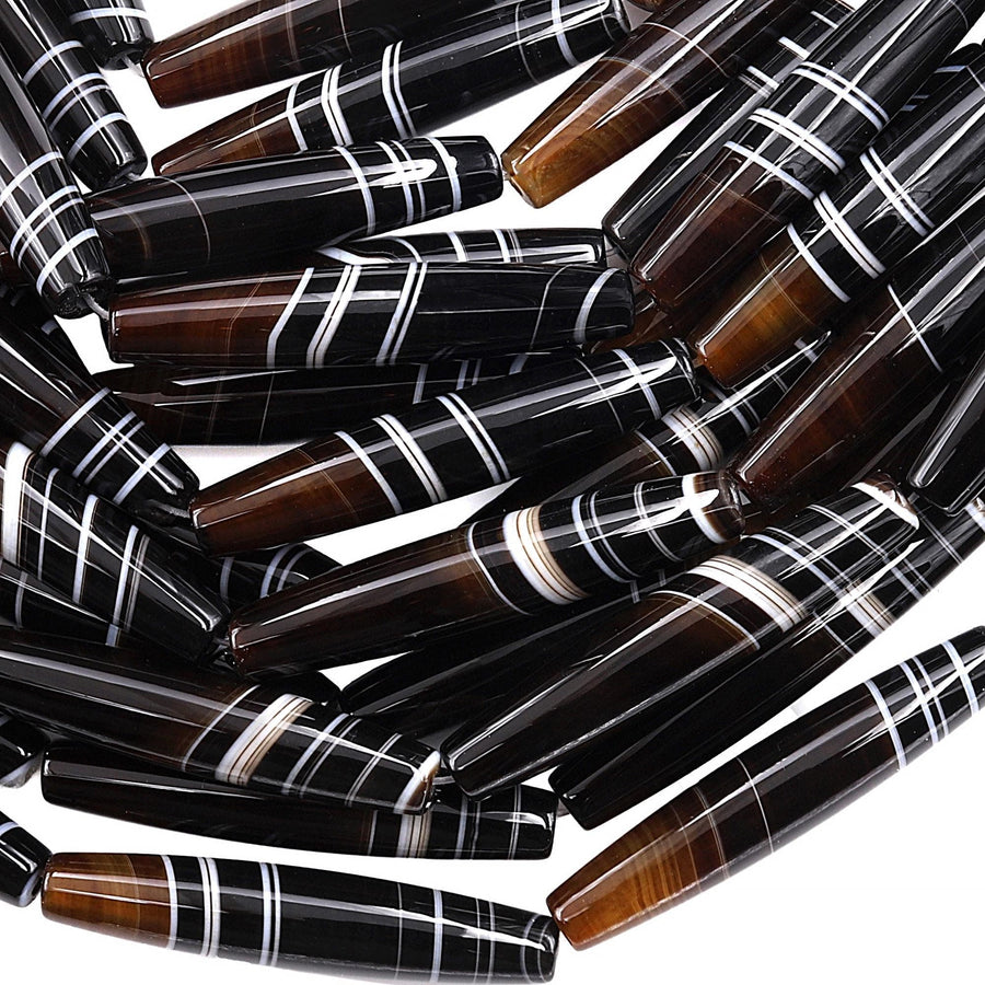 AAA Rare Natural 2 Two Tone Black Dark Caramel Brown Striped Agate Beads Smooth Thin Long 50mm Barrel Drum Cylinder 15.5" Strand