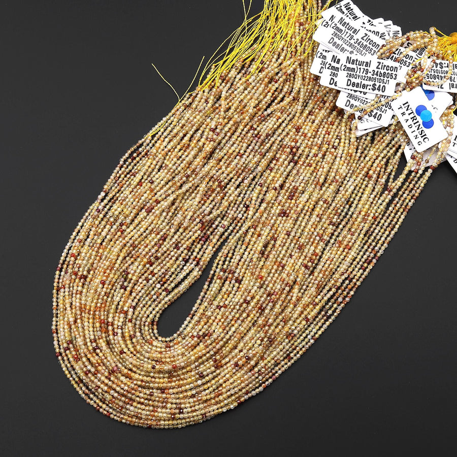 AAA Faceted Genuine Natural Zircon Round Beads 2mm Golden Champagne Canary Yellow Diamond Cut Gemstone 15.5" Strand