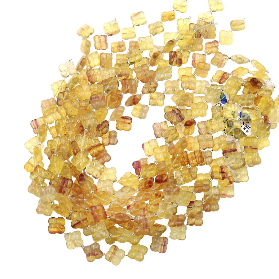 Rare Natural Honey Golden Yellow Mauve Candy Fluorite 4 Four Leaf Clover Flower Beads 14mm 3D Carving 15.5" Strand