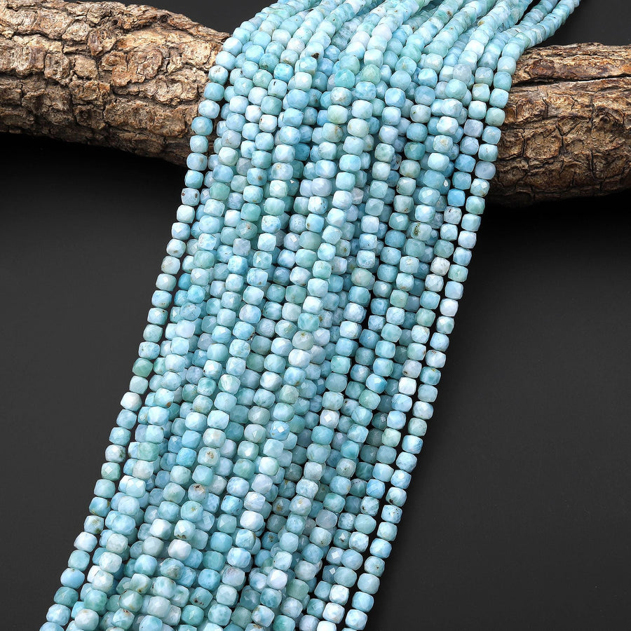 AAA Genuine Natural Blue Larimar Beads Faceted 4mm Cube Gemstone Beads 15.5" Strand