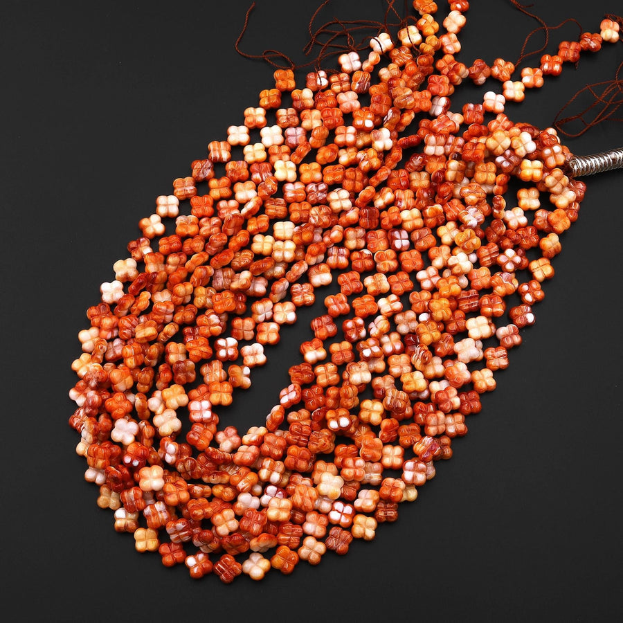 AAA Carved Natural Orange Spiny Oyster 4 Four Leaf Clover Beads 8mm 16" Strand