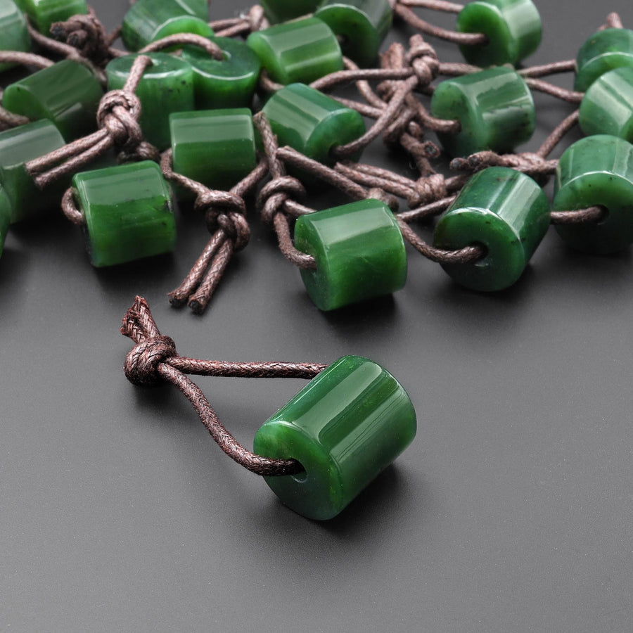 Natural Canadian Green Jade Tube Cylinder Gemstone Focal Bead Pendant Large 2.5mm Drill Hole A1