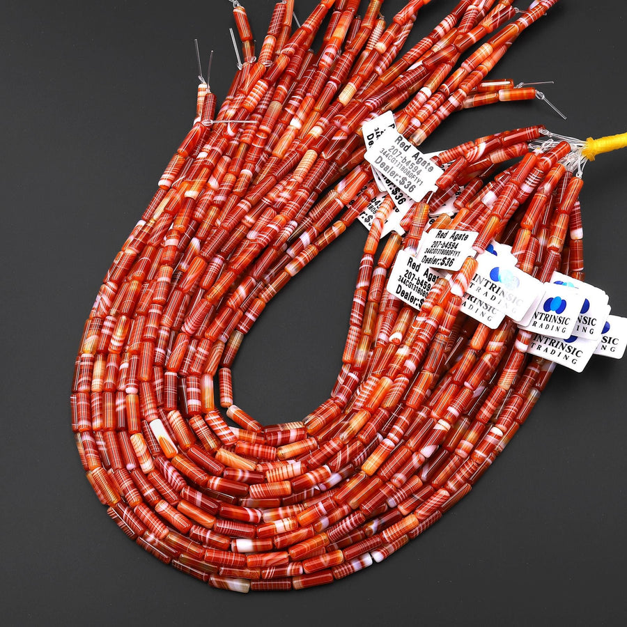 Natural Fiery Orange Red Banded Agate Thin Long Tube Beads 4x13mm 15.5" Strand