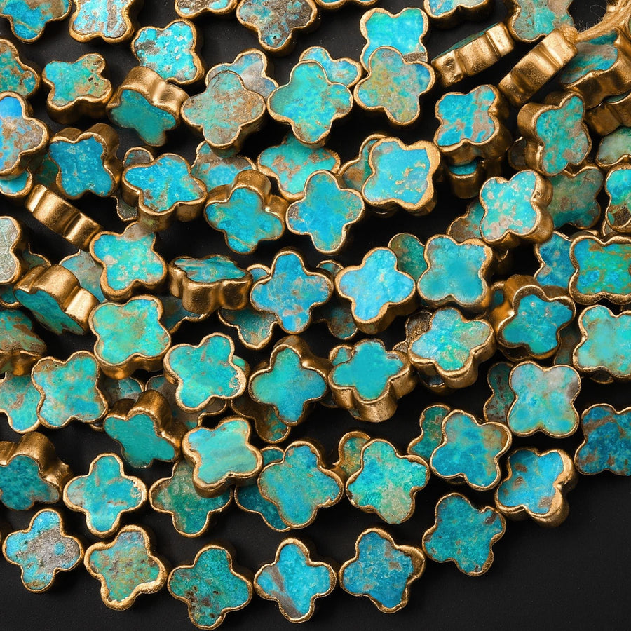 Genuine Natural Blue Turquoise Gold Copper Edging 4 Four Leaf Clover 10mm 12mm Beads Choose from 5pcs, 10pcs 16" Strand