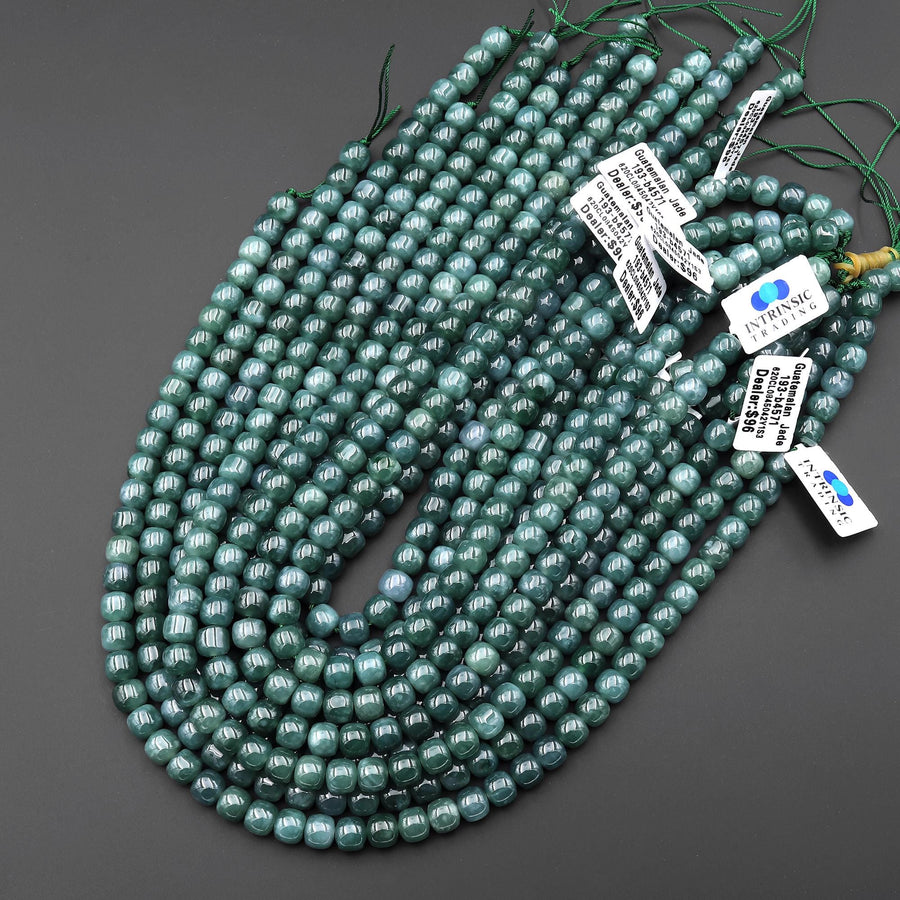 AAA Natural Guatemalan Blue Green Jade Smooth Rounded Short Cylinder Rondelle Beads 15.5" Strand