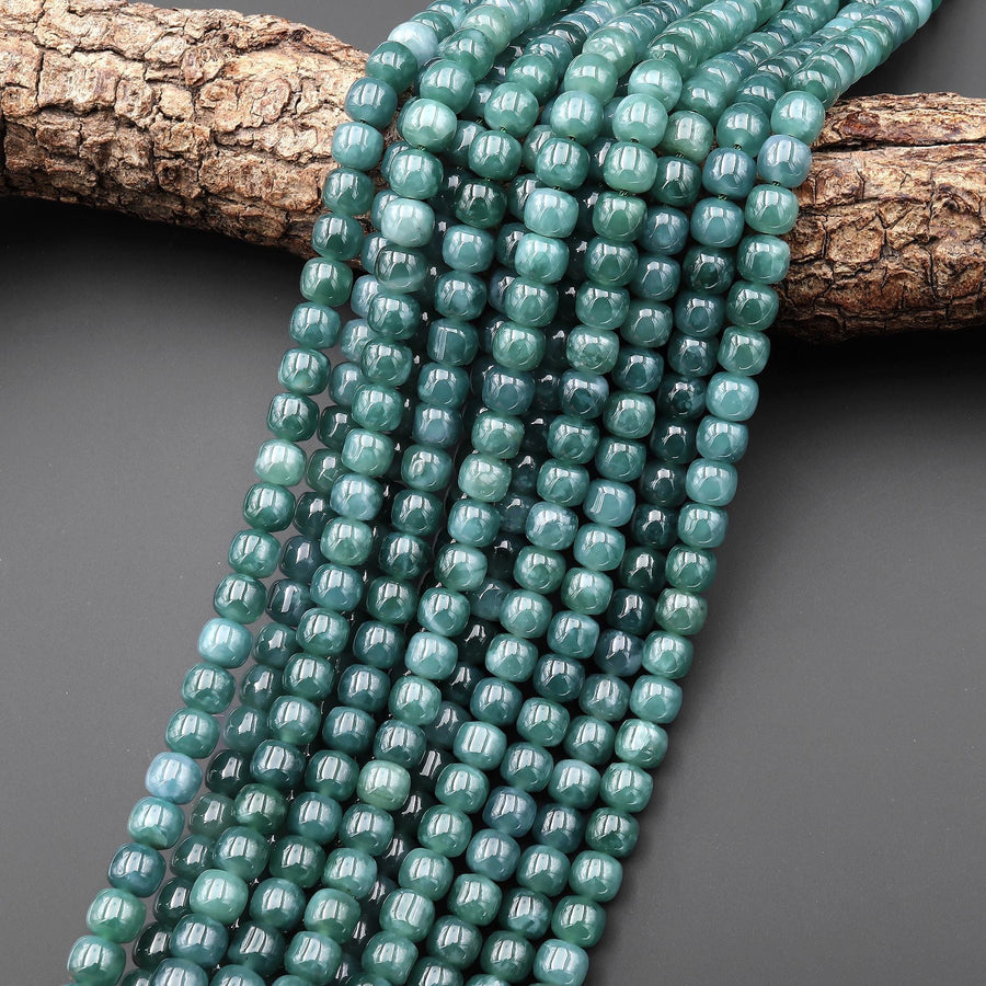 AAA Natural Guatemalan Blue Green Jade Smooth Rounded Short Cylinder Rondelle Beads 15.5" Strand