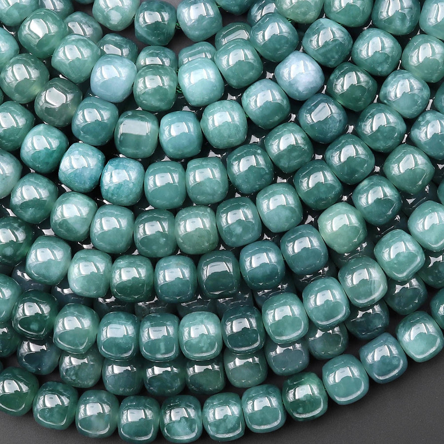 AAA Natural Guatemalan Blue Green Jade Smooth Rounded Short Cylinder Rondelle Beads 15.5" Strand