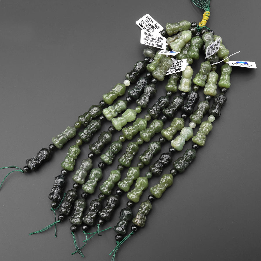 Hand Carved Baby Buddha Natural Jade Beads 3D 7.5" Strand