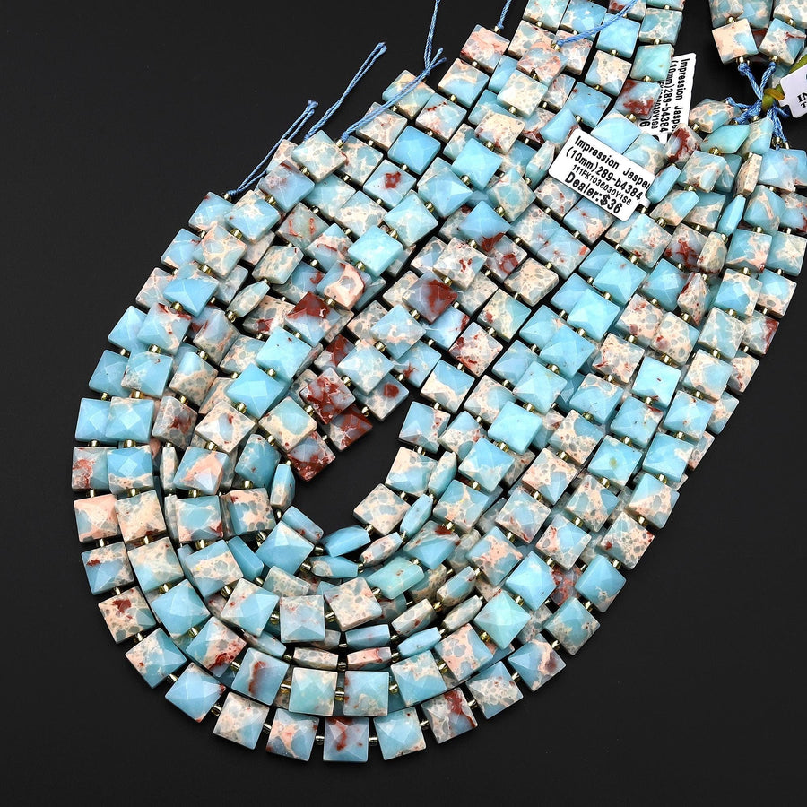 Faceted Natural Impression Jasper 10mm Square Cushion Gemstone Beads 15.5" Strand