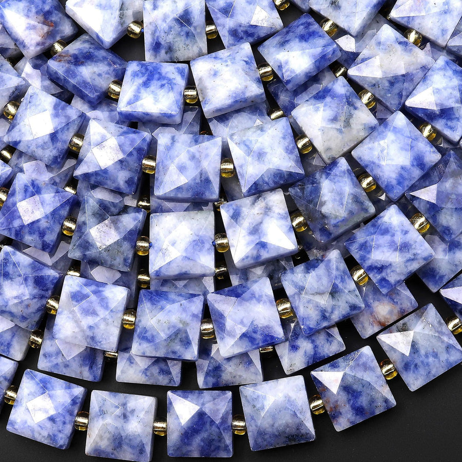 Faceted Natural White Snow Blue Sodalite 10mm Square Cushion Beads Gemstone 15" Strand
