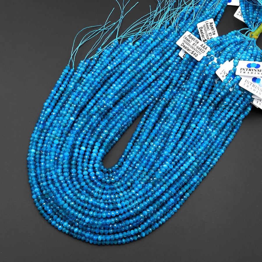 AAA Faceted Natural Blue Apatite 4mm Rondelle Beads Gemstone 15.5" Strand