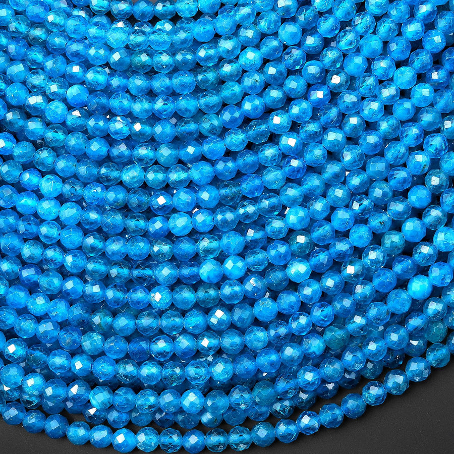 AAA+ Faceted Natural Teal Blue Apatite 4mm Round Beads Gemstone 15.5" Strand A4595