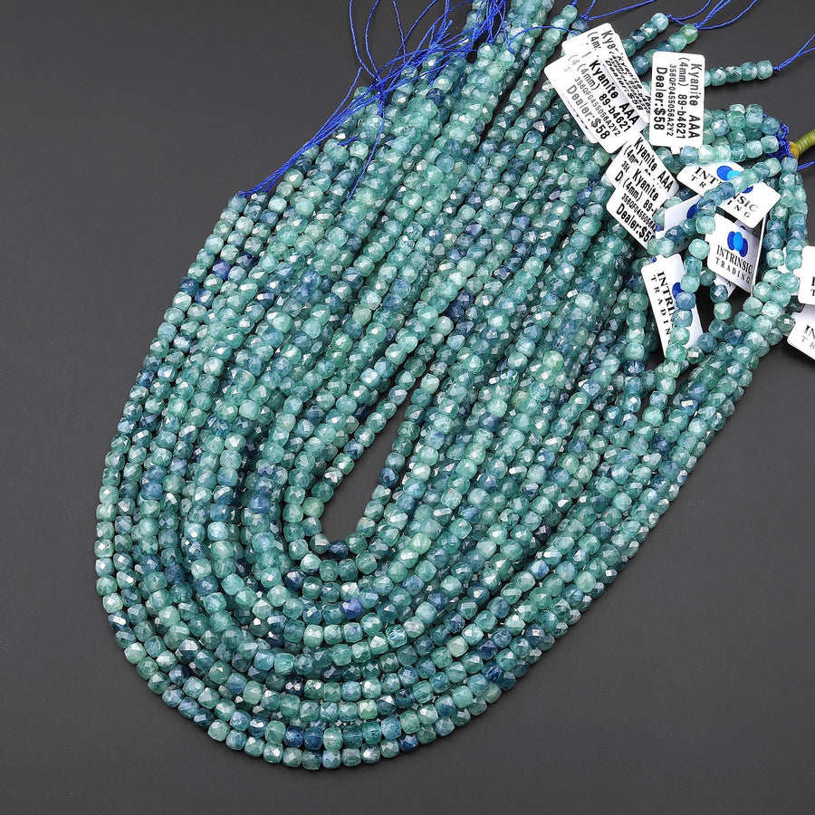 AAA Rare Faceted Natural Bicolor Blue Green Kyanite 4mm Cube Gemstone Beads 15.5" Strand A4621