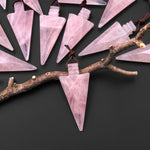 Natural Pink Rose Quartz Arrowhead Pendant Side Drilled Focal Stone Bead