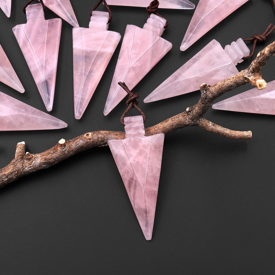 Natural Pink Rose Quartz Arrowhead Pendant Side Drilled Focal Stone Bead