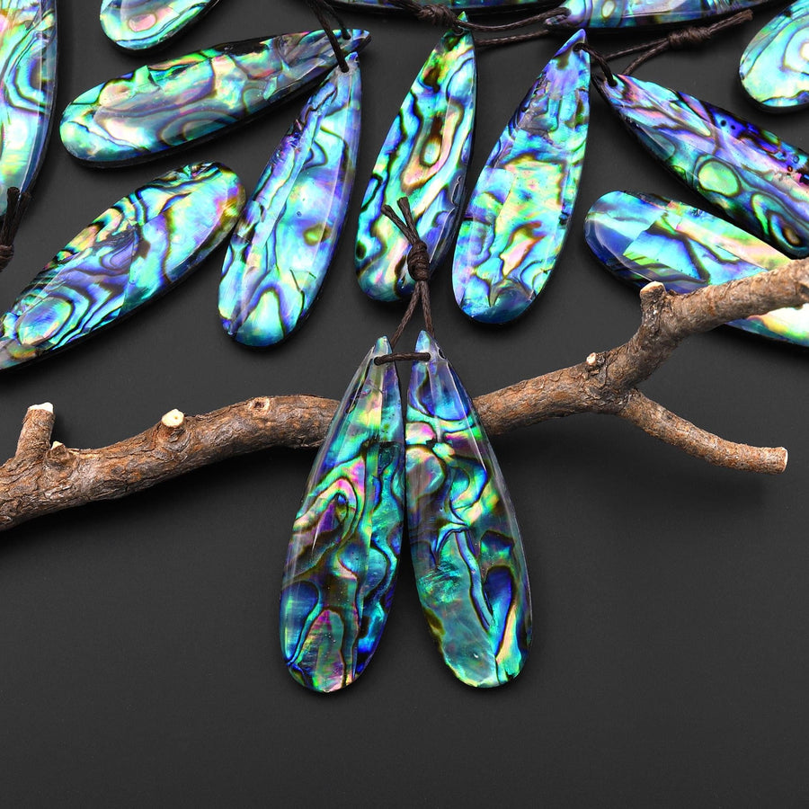 AAA Natural Rainbow Abalone Shell Doublet Long Teardrop Earring Pair Drilled Matched Gemstone Bead Pair E0385