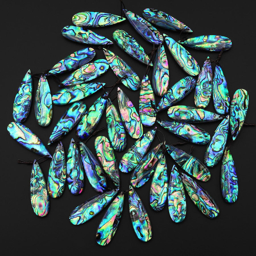 AAA Natural Rainbow Abalone Shell Doublet Long Teardrop Earring Pair Drilled Matched Gemstone Bead Pair E0385