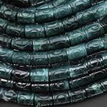 AAA Large 3mm Drill Hole Beads Hand Carved Natural Guatemalan Dark Blue Green Jade Decorative Symbol Tube Good for Leather Cord 8" Strand