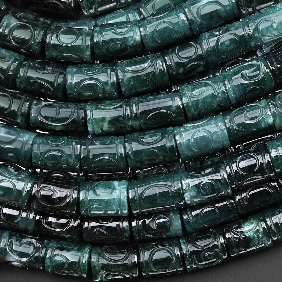 AAA Large 3mm Drill Hole Beads Hand Carved Natural Guatemalan Dark Blue Green Jade Decorative Symbol Tube Good for Leather Cord 8" Strand