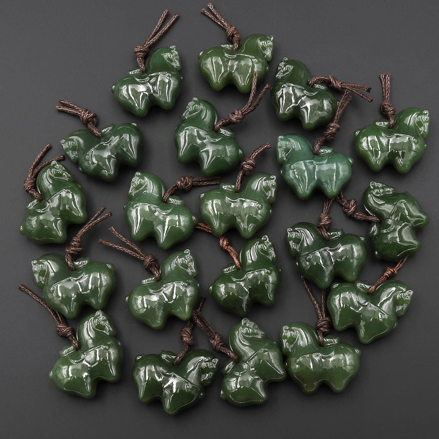 Hand Carved Natural Green Jade Fat Horse Pendant Charm | Lucky Abundance Talisman