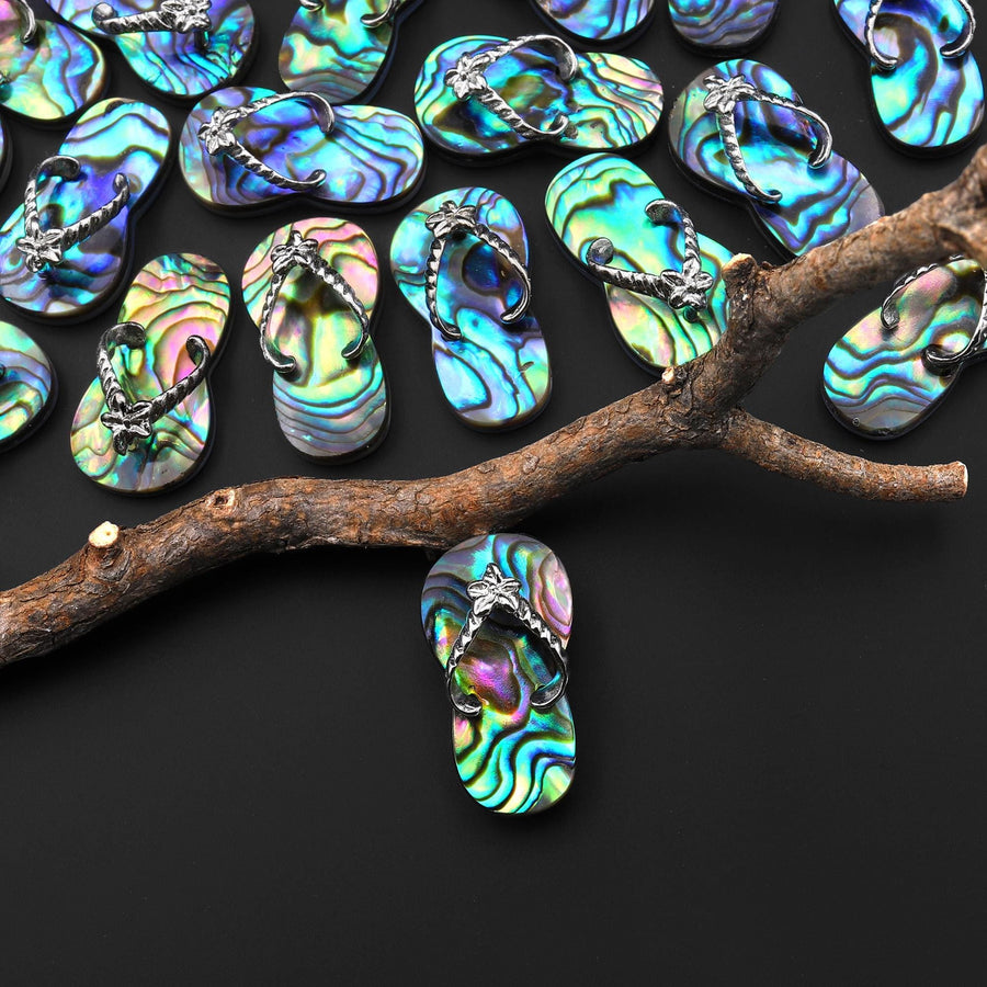 Real Natural Abalone Flip Flop Sandal Pendant Rainbow Iridescent Peacock Blue Green Pink Purple Colors