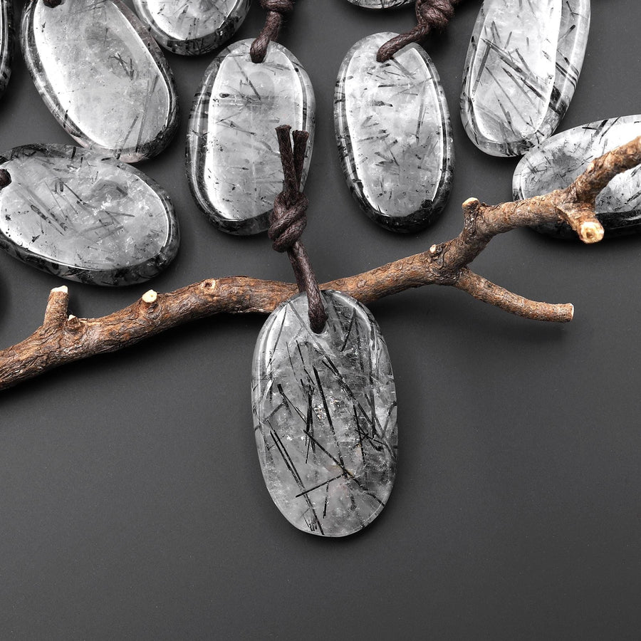 Natural Black Tourmaline Rutilated Quartz Smooth Oval Pendant A11