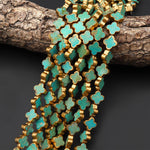 Genuine Natural Green Turquoise Gold Copper Edging 4 Four Leaf Clover 10mm 12mm 14mm Beads Choose from 5pcs, 10pcs, Full 16" Strand
