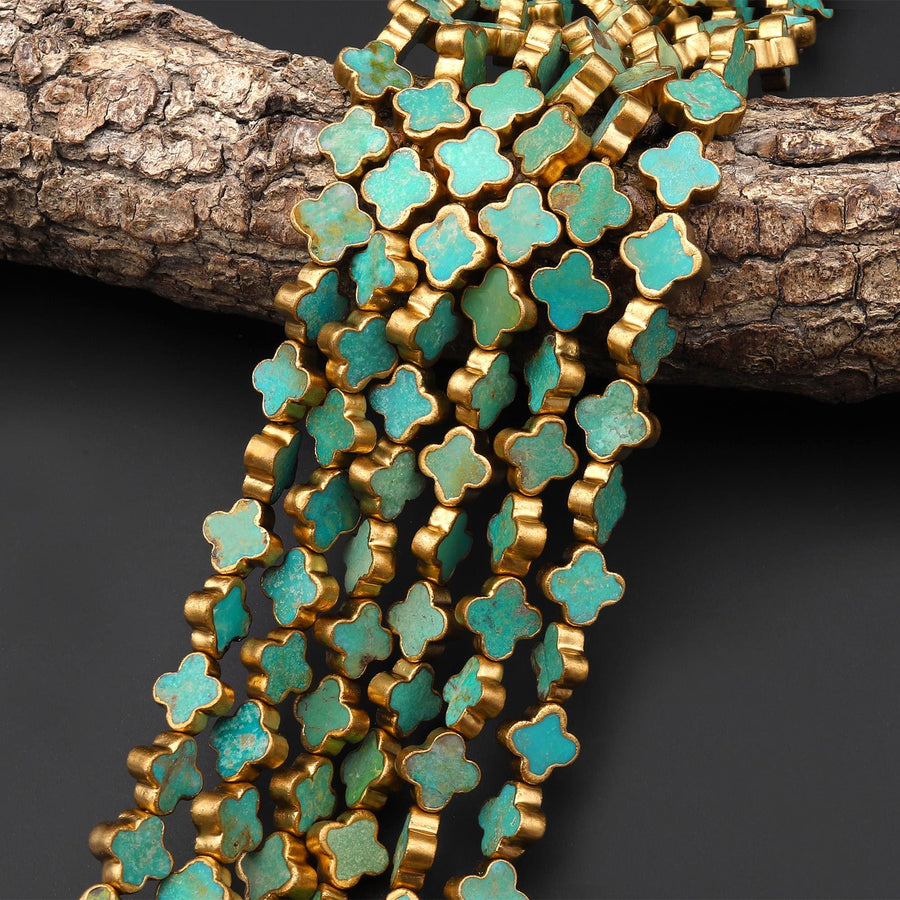 Genuine Natural Green Turquoise Gold Copper Edging 4 Four Leaf Clover 10mm 12mm 14mm Beads Choose from 5pcs, 10pcs, Full 16" Strand