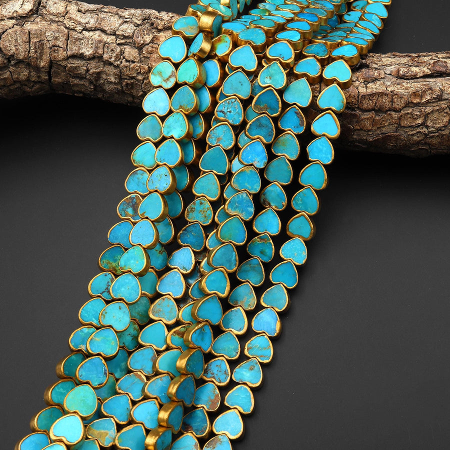 Genuine Natural Blue Turquoise Gold Copper Edging 10mm Heart Beads Choose from 5pcs, 10pcs, Full 16" Strand