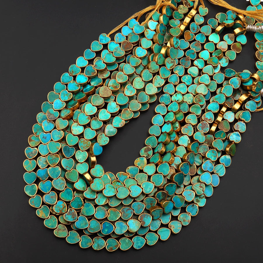 Genuine Natural Blue Green Turquoise Gold Copper Edging 8mm 10mm Heart Beads Choose from 5pcs, 10pcs, Full 16" Strand B1625