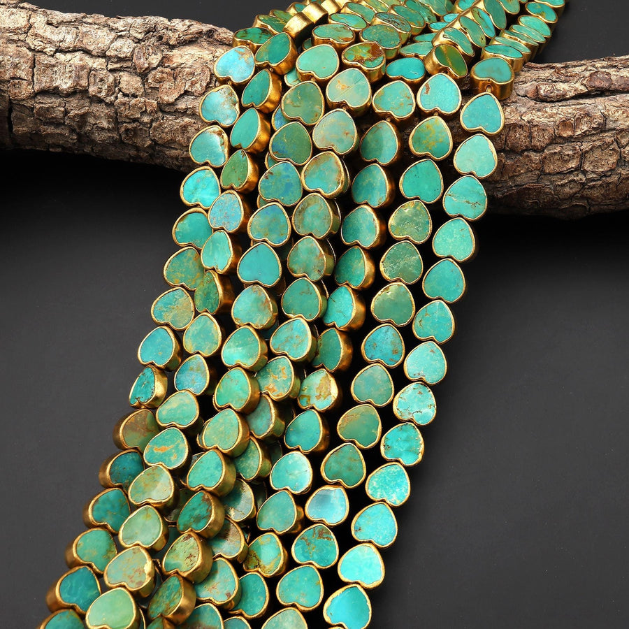 Genuine Natural Green Turquoise Gold Copper Edging 8mm 10mm Heart Beads Choose from 5pcs, 10pcs, Full 16" Strand B1624