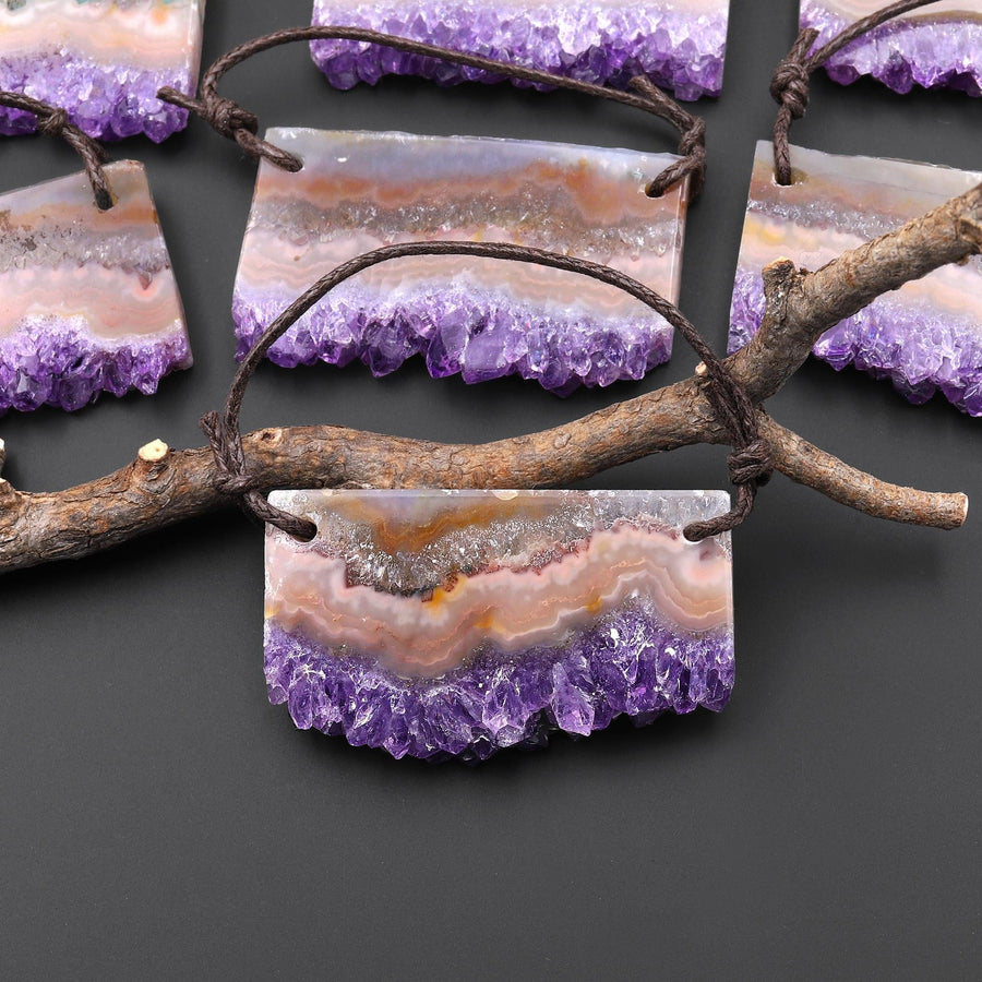 Two 2 Hole Pendant Natural Peach Orange Purple Amethyst Stalactite Druzy Pendant Drilled Flat Slice Long Rectangle A2