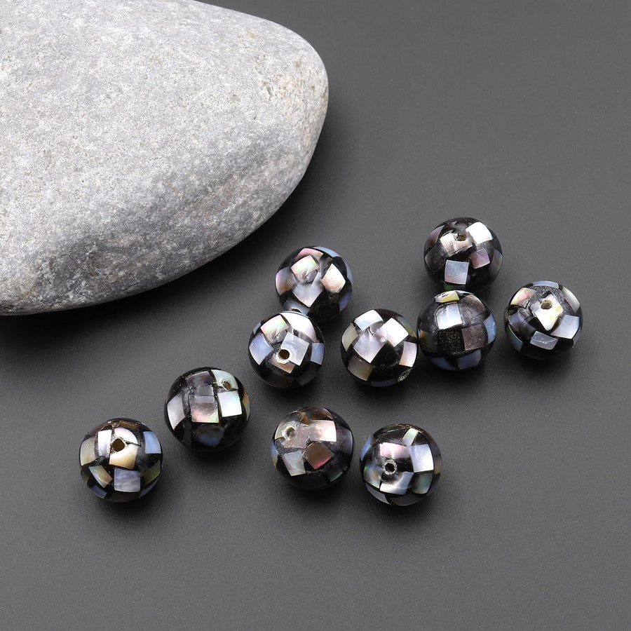 10pcs Hand Made Natural Black Mother of Pearl Mosaic Round Loose Beads 8mm 10mm 12mm