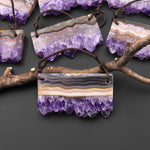 Two 2 Hole Pendant Natural Purple Amethyst Stalactite Crystal Flat Thin Slice Long Rectangle