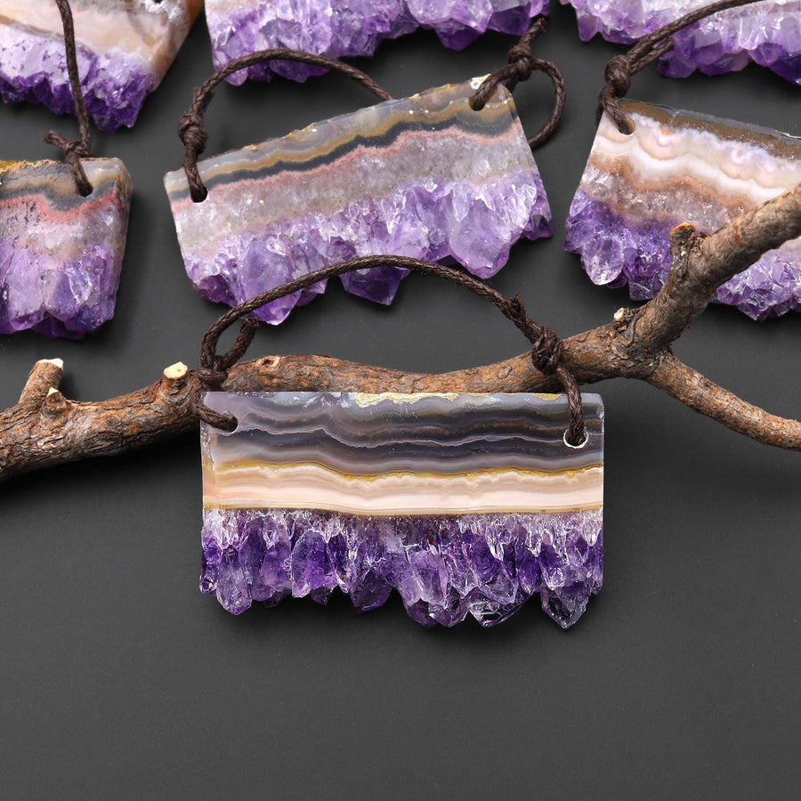 Two 2 Hole Pendant Natural Purple Amethyst Stalactite Crystal Flat Thin Slice Long Rectangle