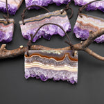 Two 2 Hole Pendant Natural Purple Amethyst Stalactite Crystal Flat Thin Slice Long Rectangle