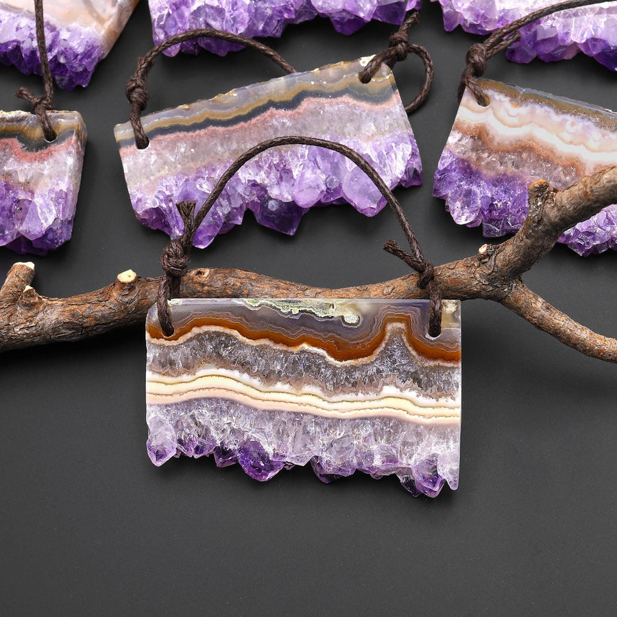 Two 2 Hole Pendant Natural Purple Amethyst Stalactite Crystal Flat Thin Slice Long Rectangle