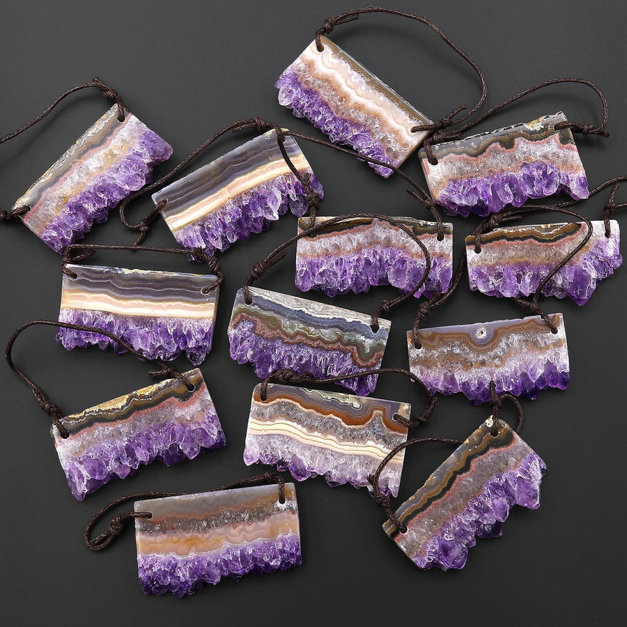 Two 2 Hole Pendant Natural Purple Amethyst Stalactite Crystal Flat Thin Slice Long Rectangle
