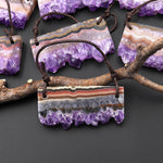 Two 2 Hole Pendant Natural Purple Amethyst Stalactite Crystal Flat Thin Slice Long Rectangle